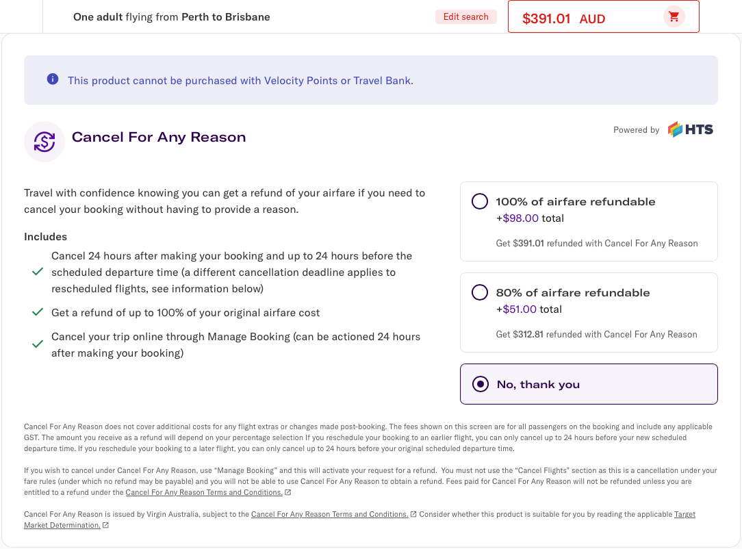 Virgin Australia offers Cancel For Any Reason insurance when you book on its website