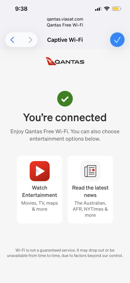 Connected to the inflight Wi-Fi on the Qantas Airbus A321 XLR