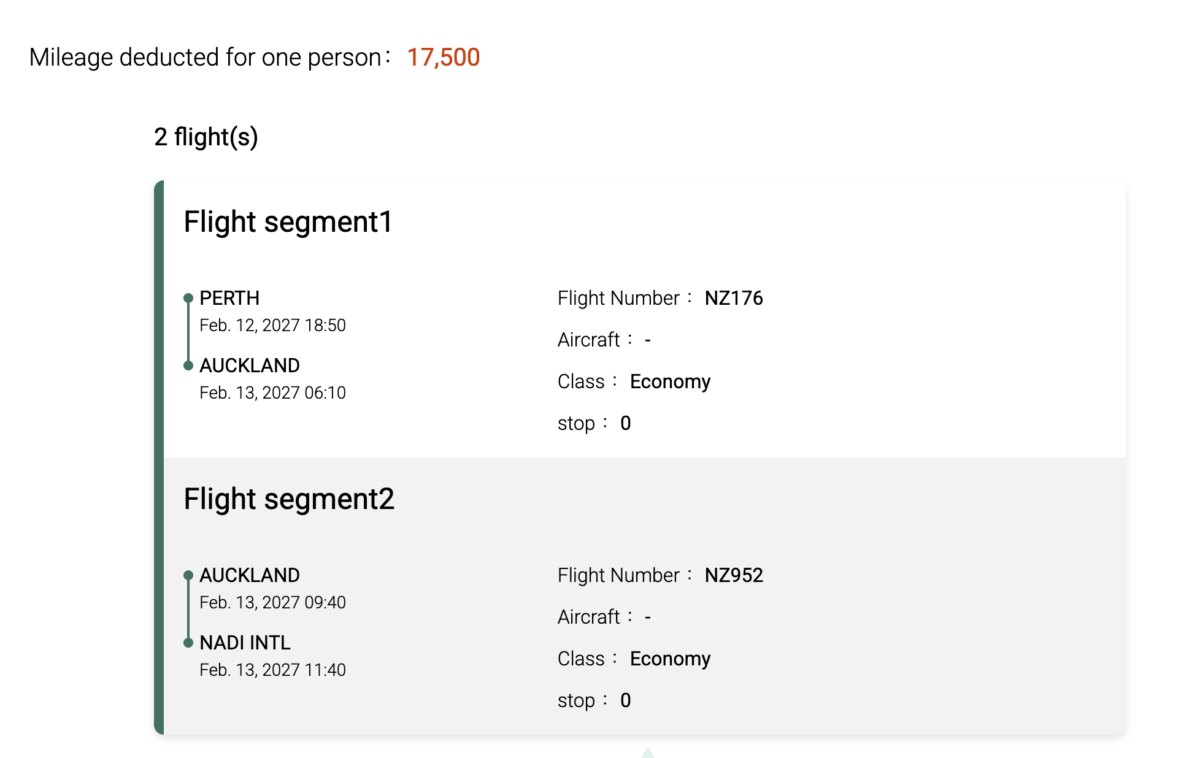 Infinity MileageLands example redemption within Southwest Pacific