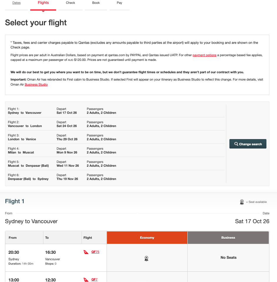 Selecting a SYD-YVR flight on the Qantas multi-city booking engine