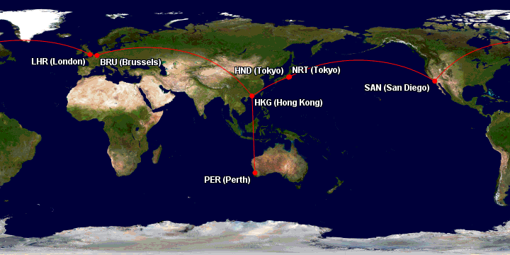 Map showing example of a Oneworld Award routing