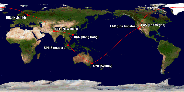 Map showing example of a Oneworld Award routing