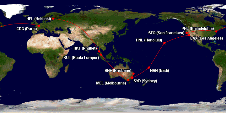 Map showing example of a Oneworld Award routing