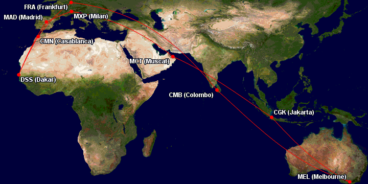 Map showing example of a Oneworld Award routing