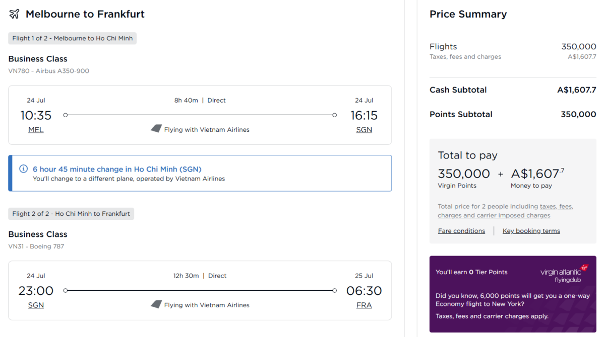 Vietnam Airlines Business Class booking to Europe