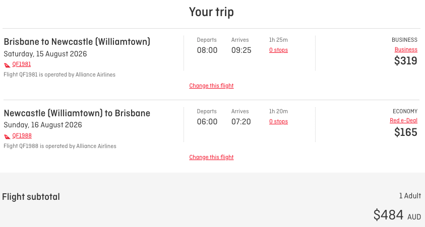 BNE-NTL itinerary on the Qantas website