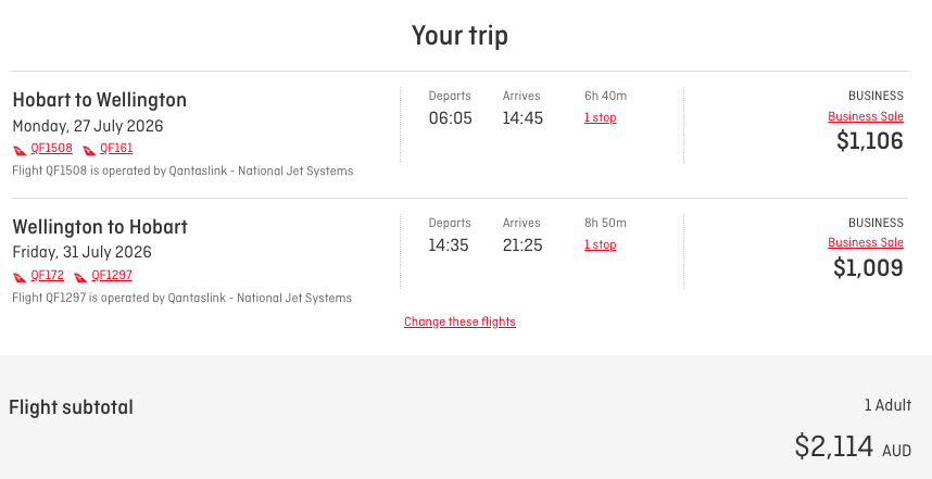 HBA-WLG Business fare quote on the Qantas website