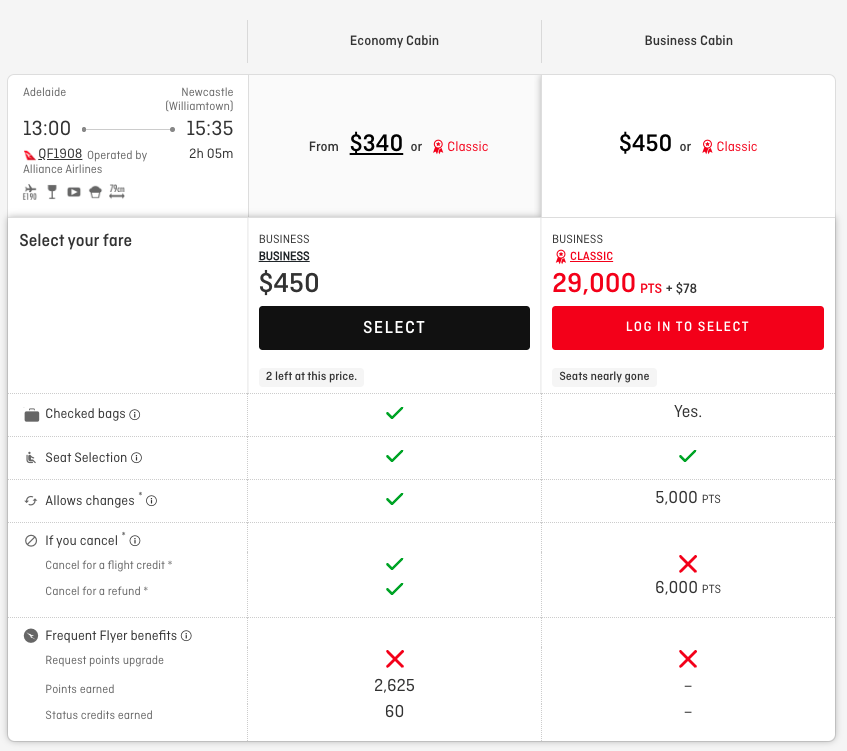 ADL-NTL Business fare quote on the Qantas website