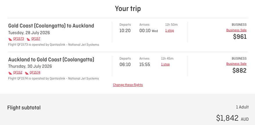 OOL-MEL-AKL Business fare quote on the Qantas website
