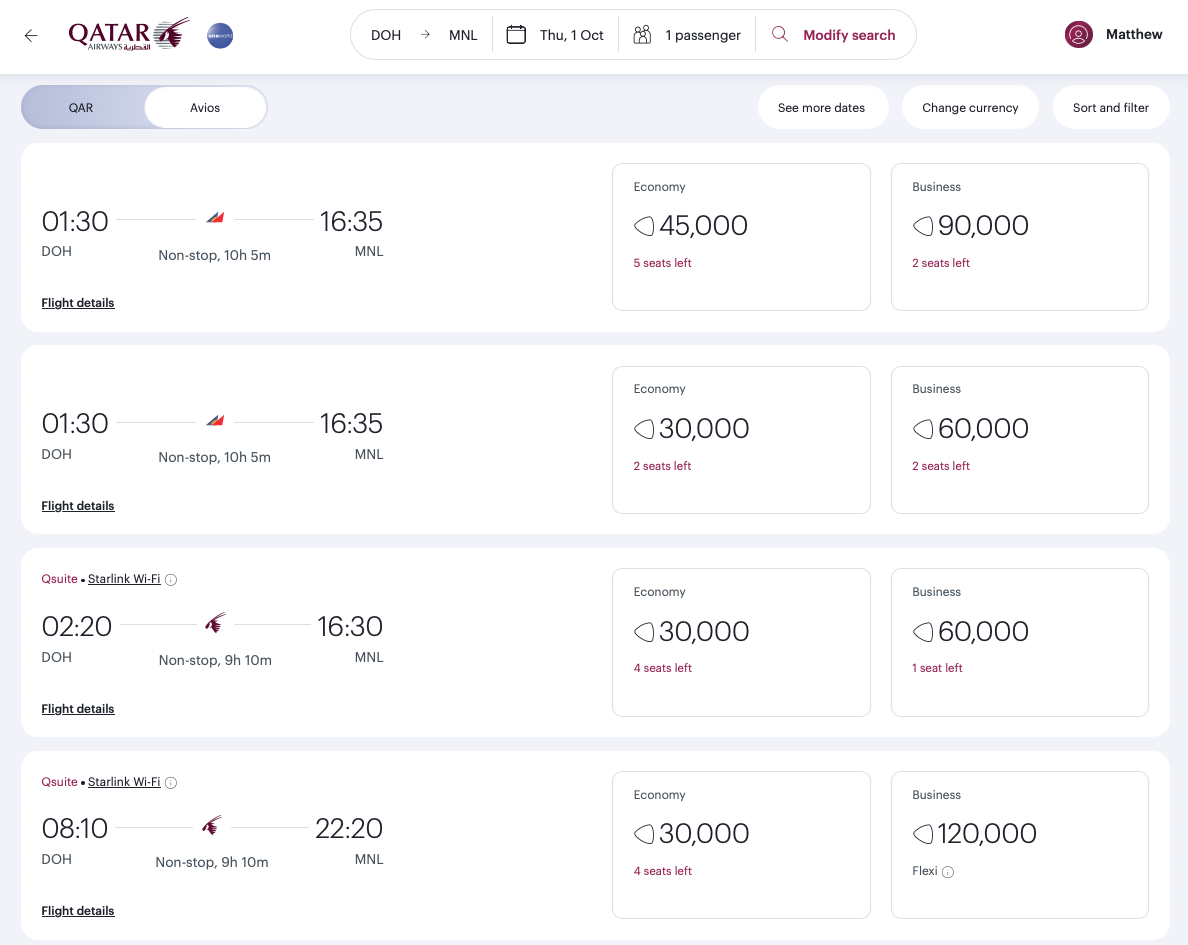 DOH-MNL award flight options on the Qatar Airways website