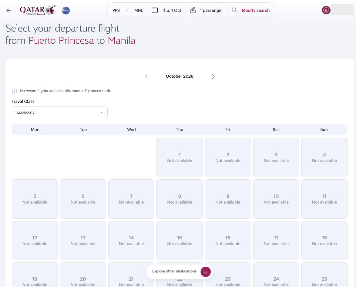 Award flight search for Puerto Princesa-Manila route on the Qatar Airways website