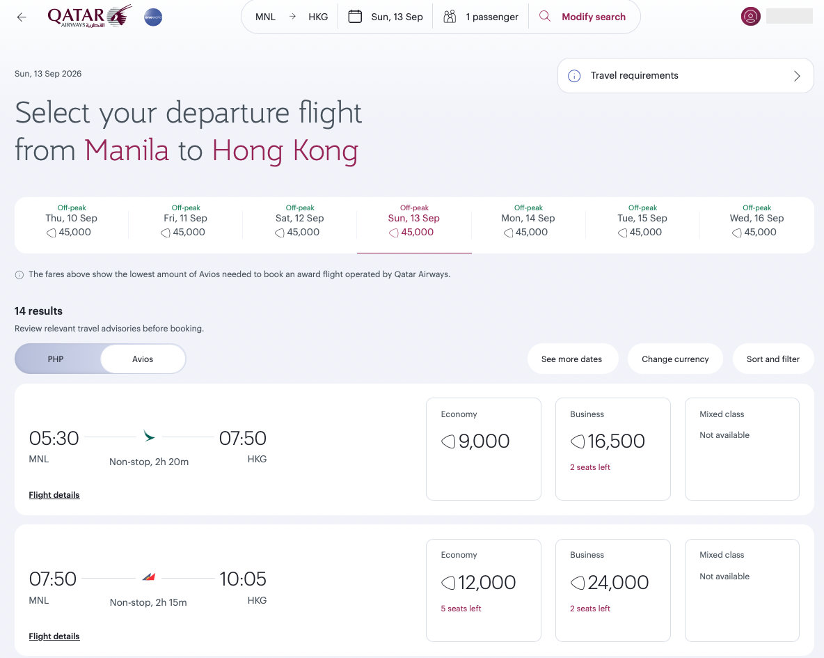 Manila-Hong Kong award flight options on the Qatar Airways website