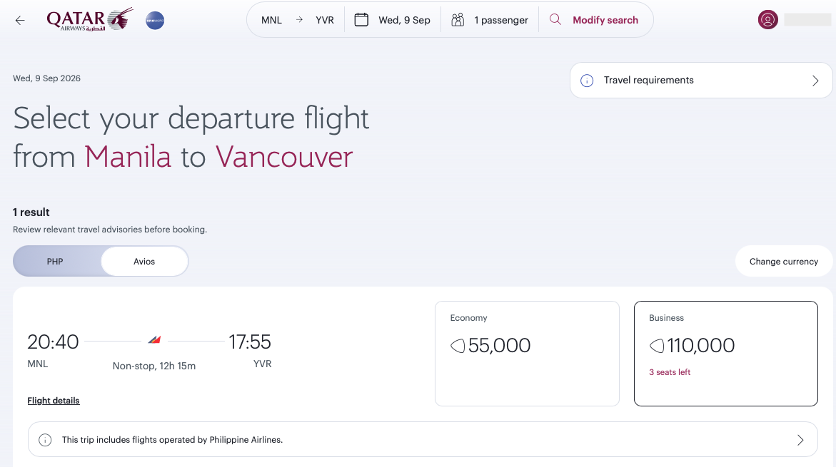 Qatar Airways website showing award flight quote for a Philippine Airlines MNL-YVR award