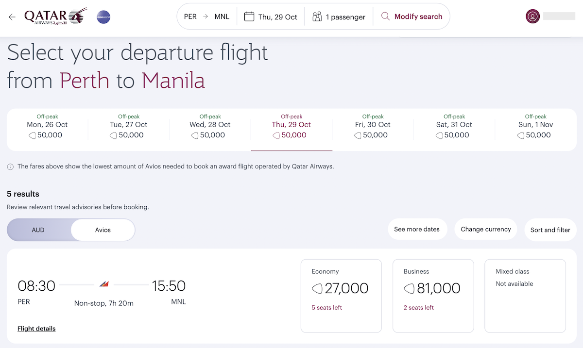 Qatar Airways Privilege Club redemption quote from PER to MNL