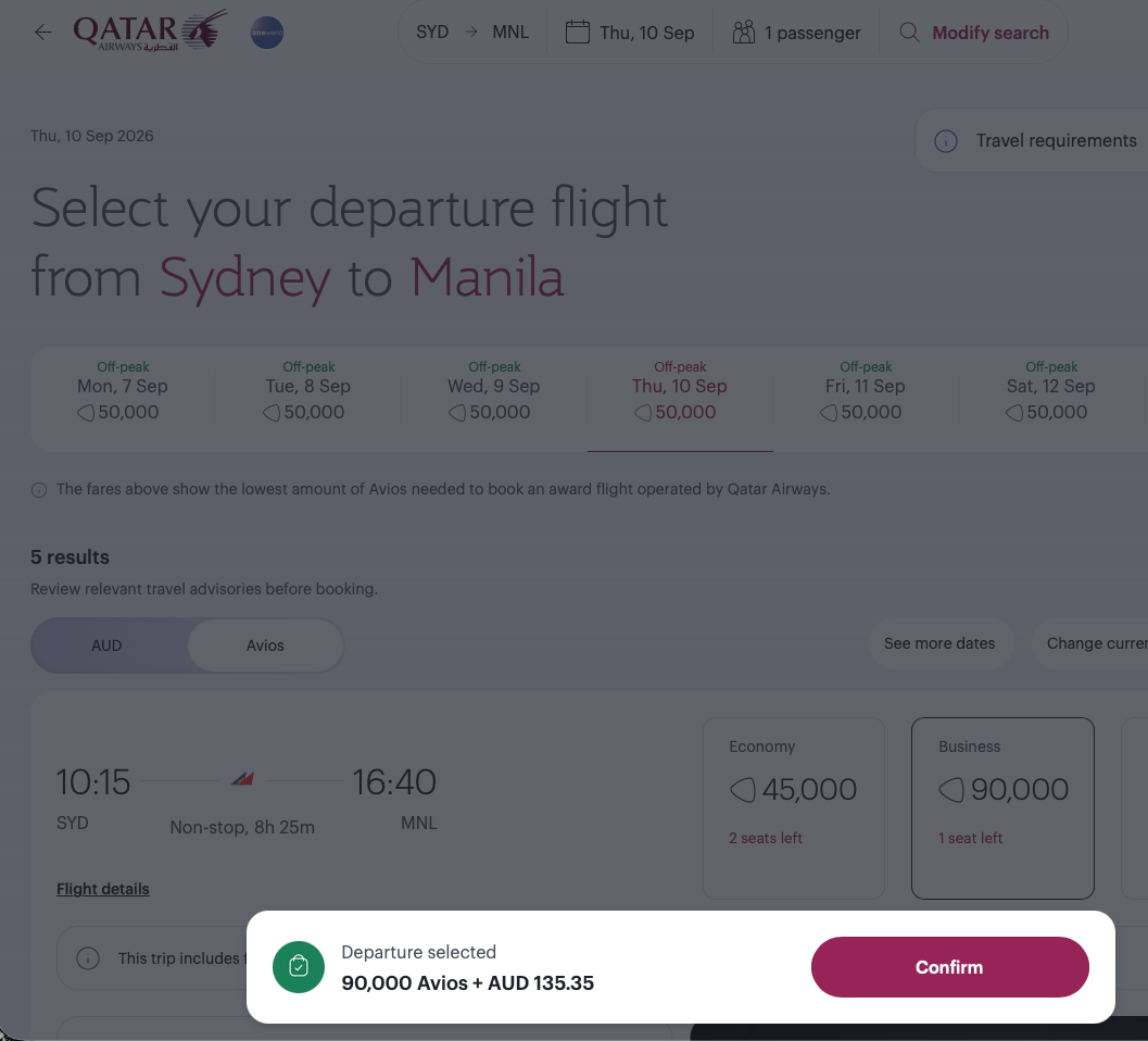 SYD-MNL award flight quote on the Qatar Airways website