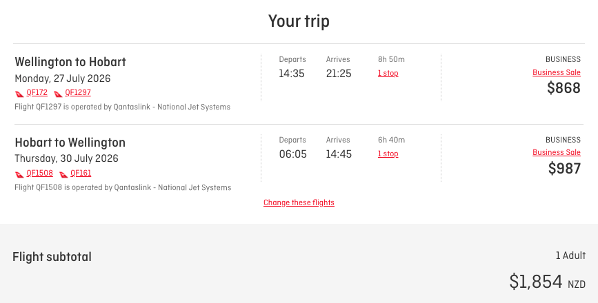 WLG-HBA Business fare quote on the Qantas website