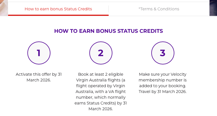 Instructions for the Velocity 2026 bonus status credits promotion