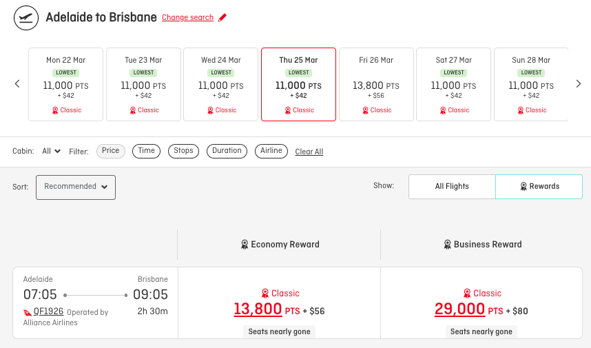 ADL-BNE Classic Reward options on the Qantas website in 2026