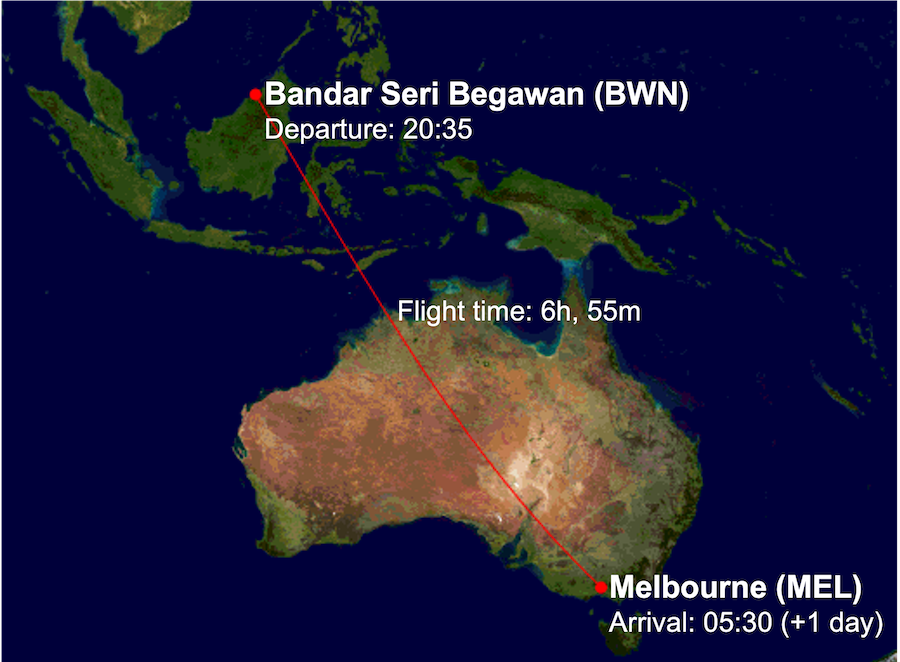 BI5 route map from Bandar Seri Begawan (BWN) to Melbourne (MEL)