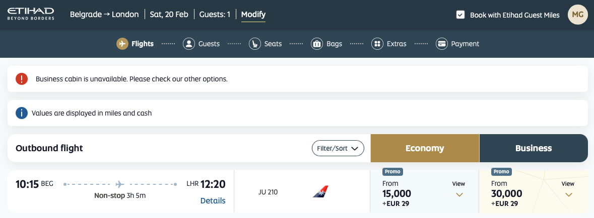 Air Serbia flight showing on the Etihad website
