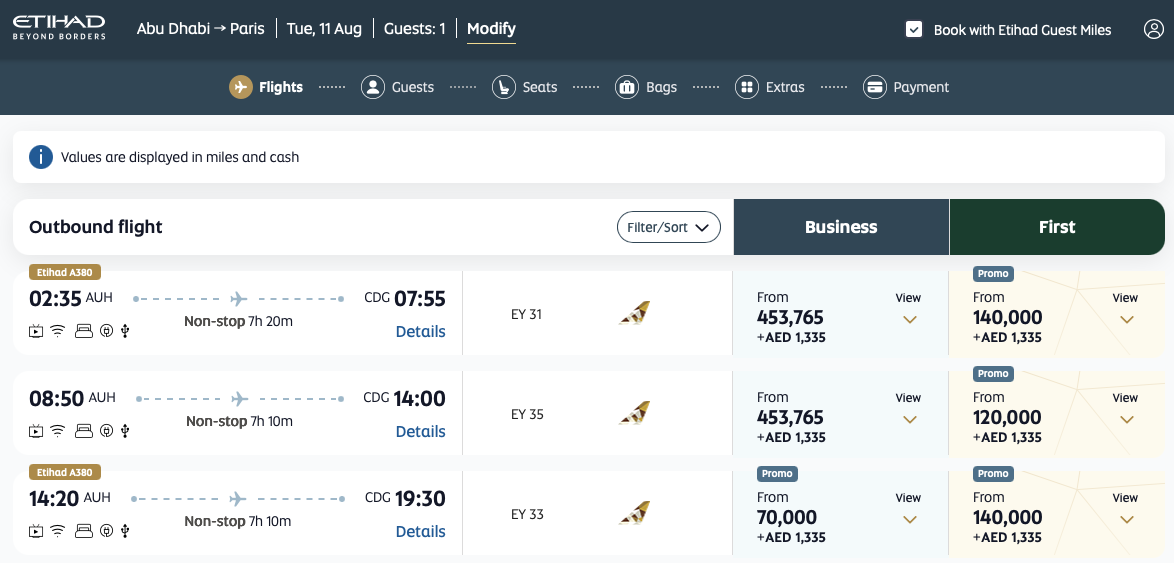 AUH-CDG award flights on the Etihad website