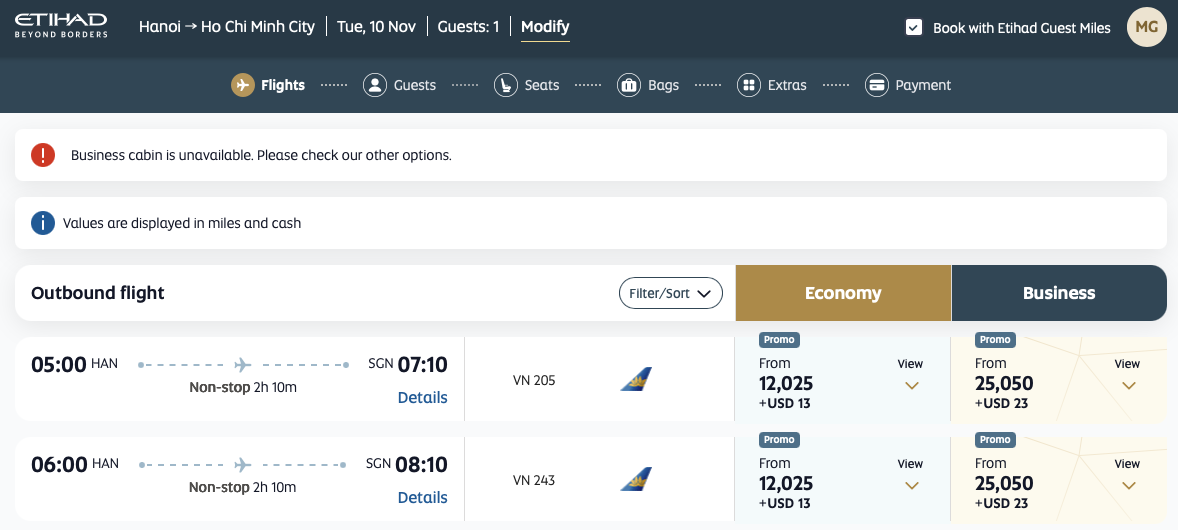 Etihad Guest redemption search for HAN-SGN flights on the Etihad website
