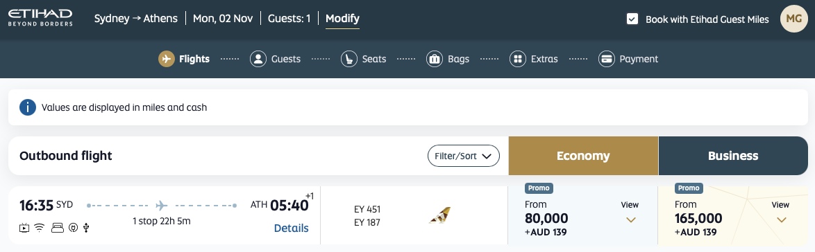Etihad Guest redemption from SYD-AUH quoted on the Etihad website