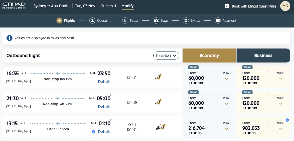SYD-AUH award flight search on the Etihad website