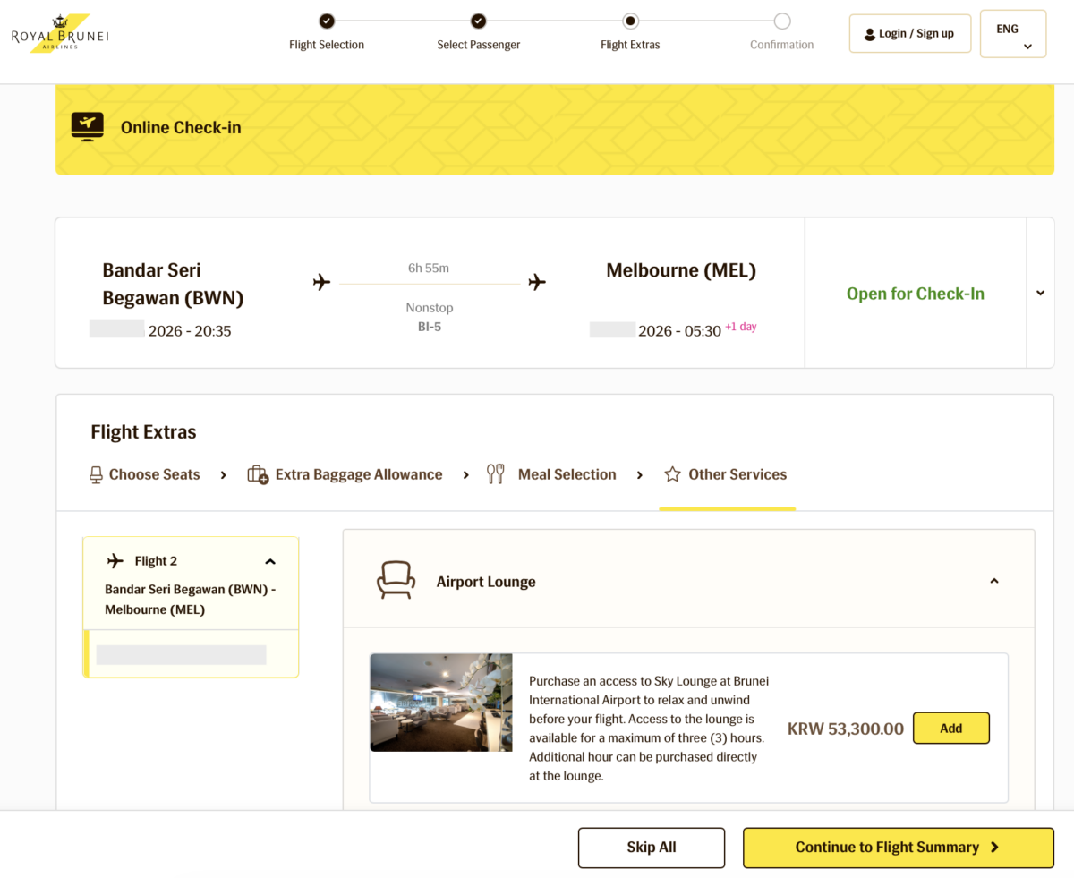 Online check-in for a flight to Melbourne on the Royal Brunei website