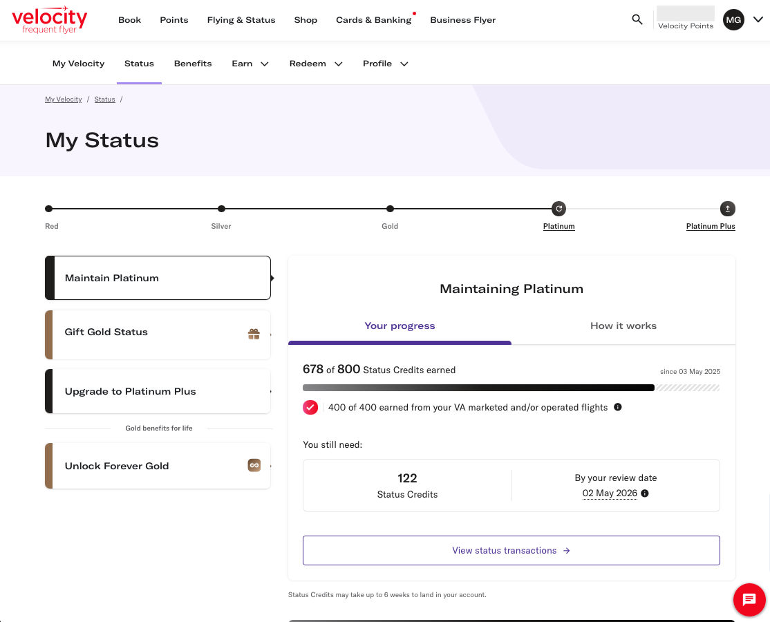 My Velocity status overview showing number of status credits needed to maintain Platinum