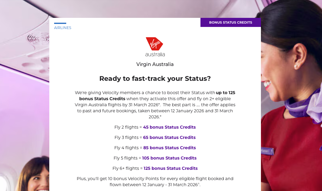 Velocity 2026 status credit fast-track offer details on its website