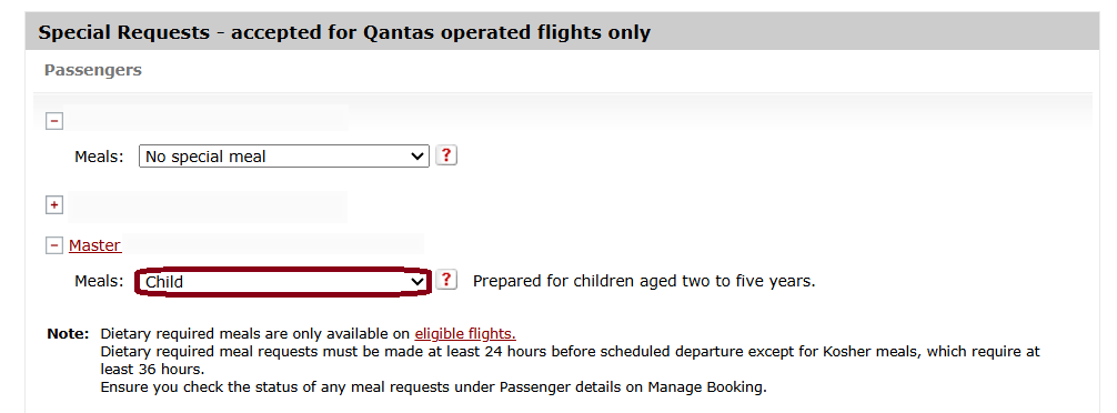 Requesting a child's meal through the Qantas website