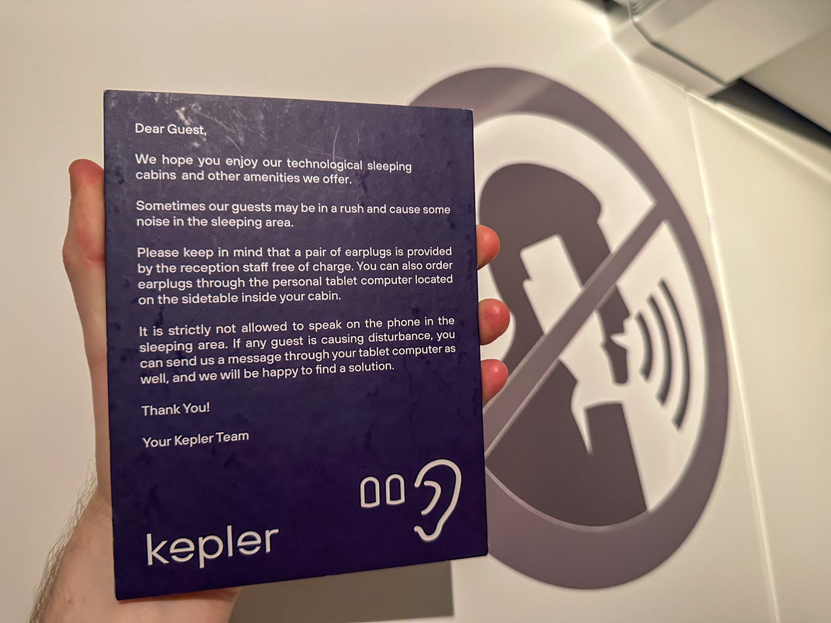 Notice in the Kepler Club sleep pod about noise