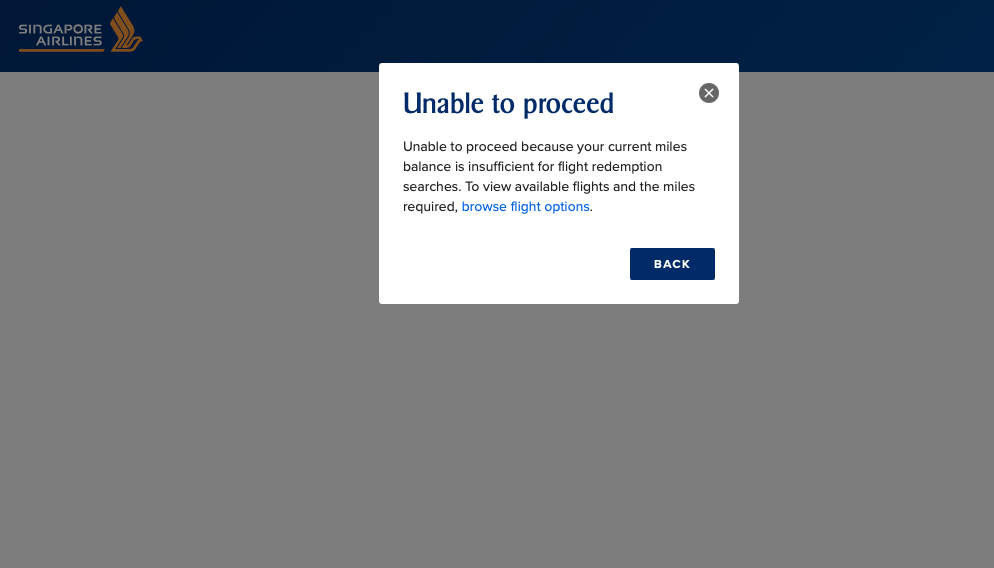 Insufficient miles error message on the Singapore Airlines website