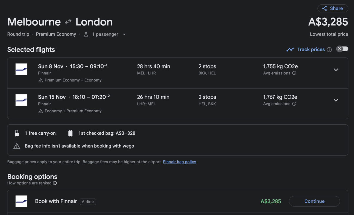 Melbourne to London in Finnair Premium Economy