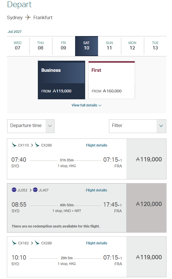 Cathay Pacific award availability in July