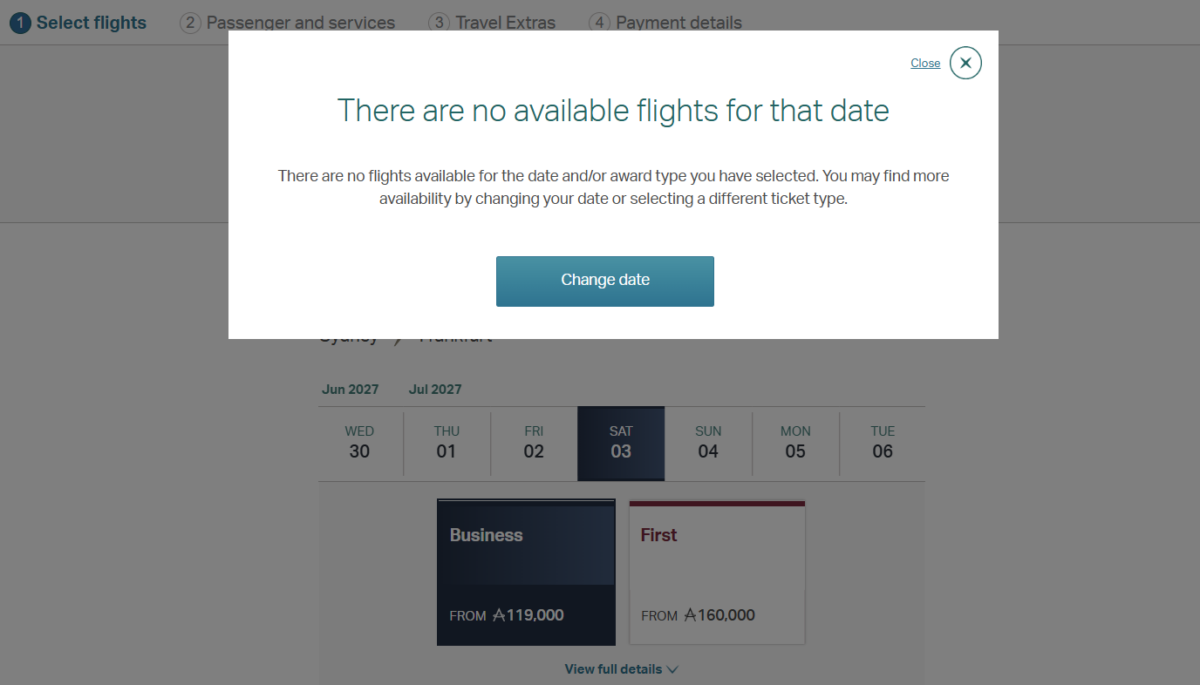 Cathay Pacific website displaying no availability