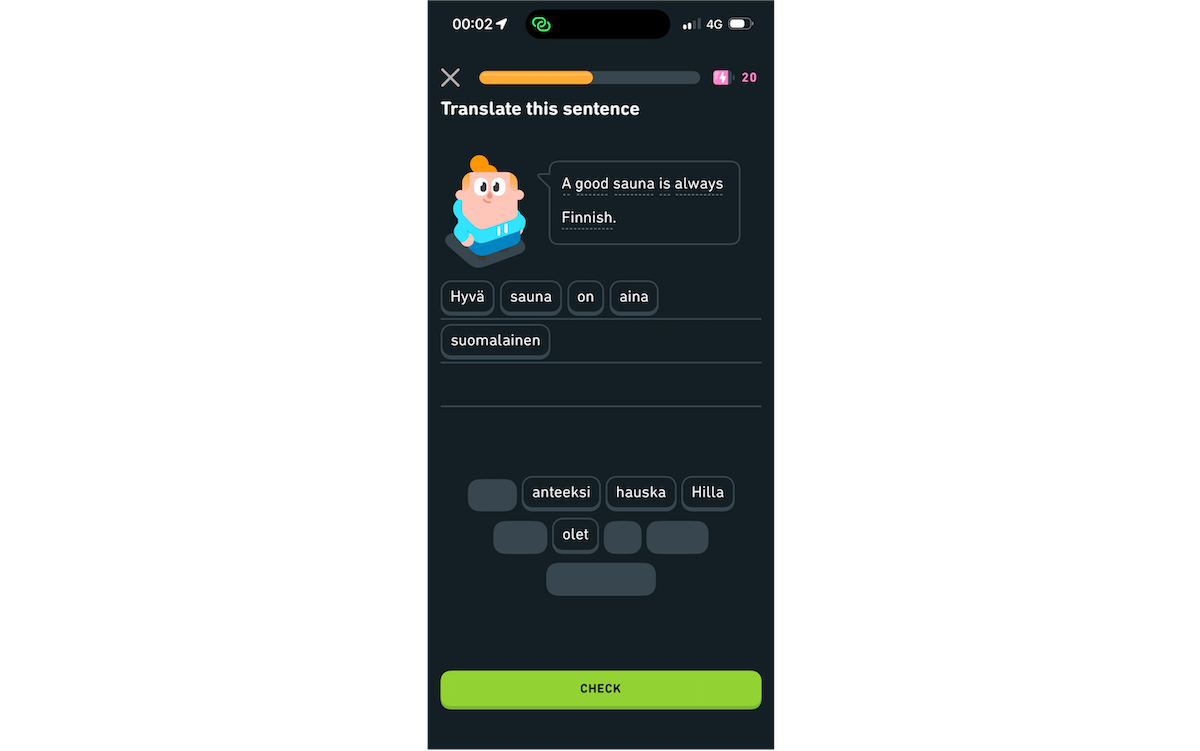 Duolingo screenshot teaching the phrase "hÿva sauna on aina suomalainen"