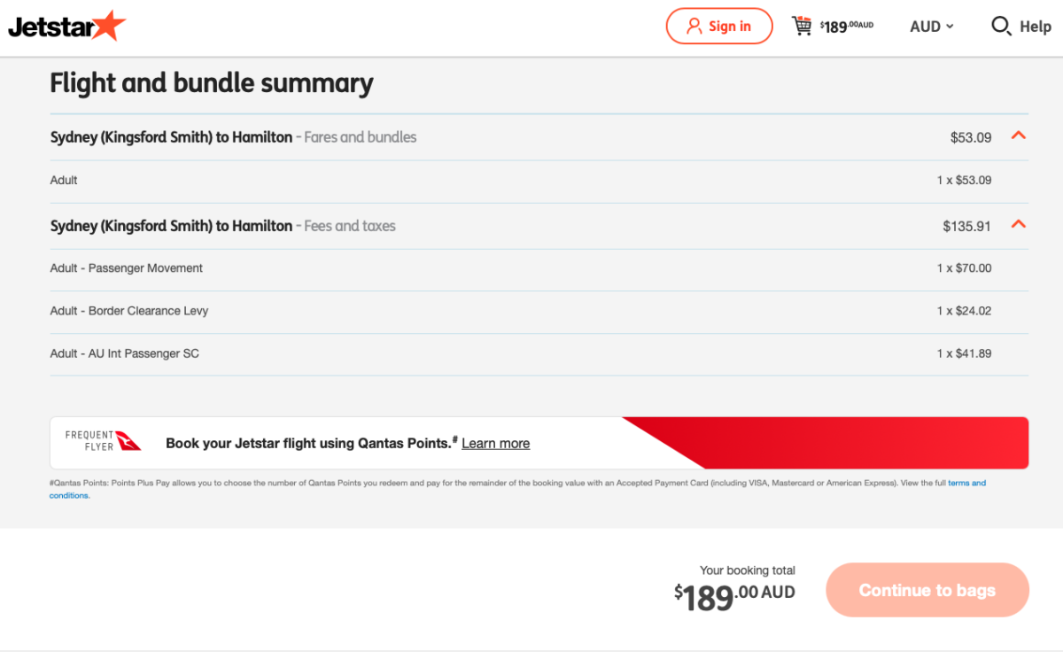 Jetstar website quote of fare and taxes on a SYD-HLZ flight booking