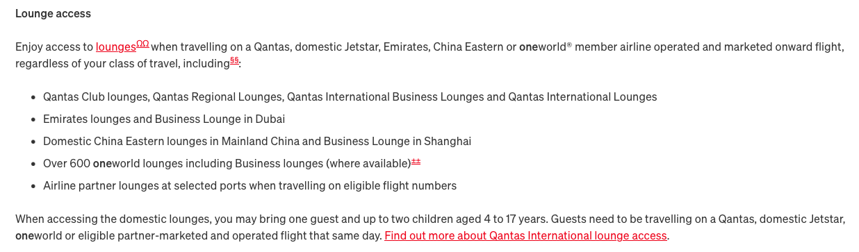 Qantas lounge access information on the website