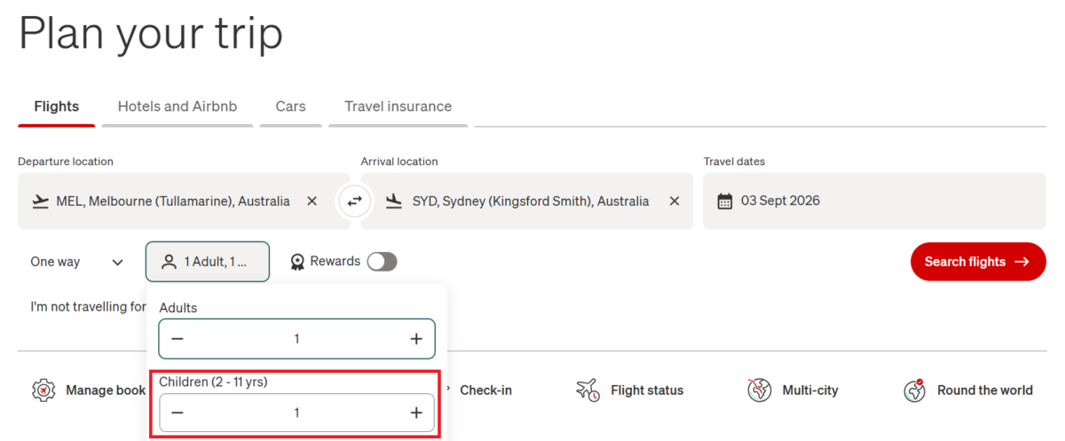 Selecting a child ticket online through Qantas