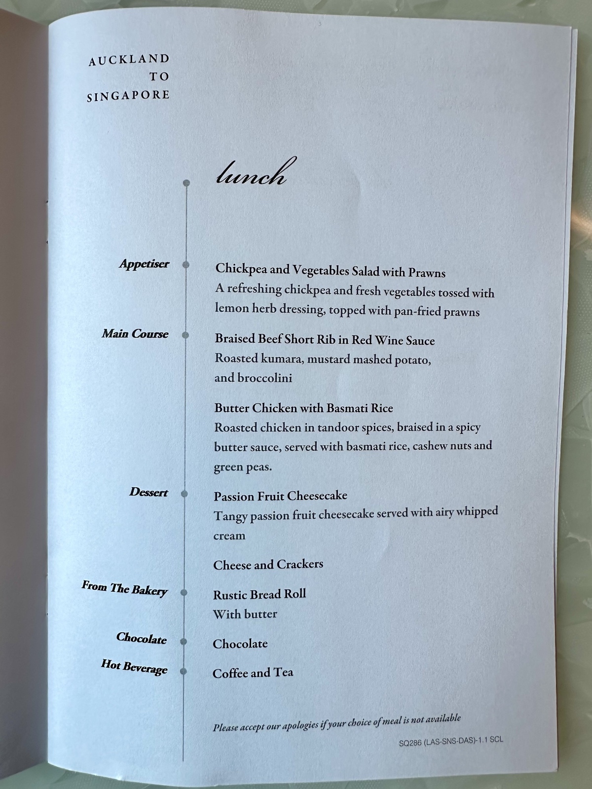 Singapore Airlines Premium Economy printed menu