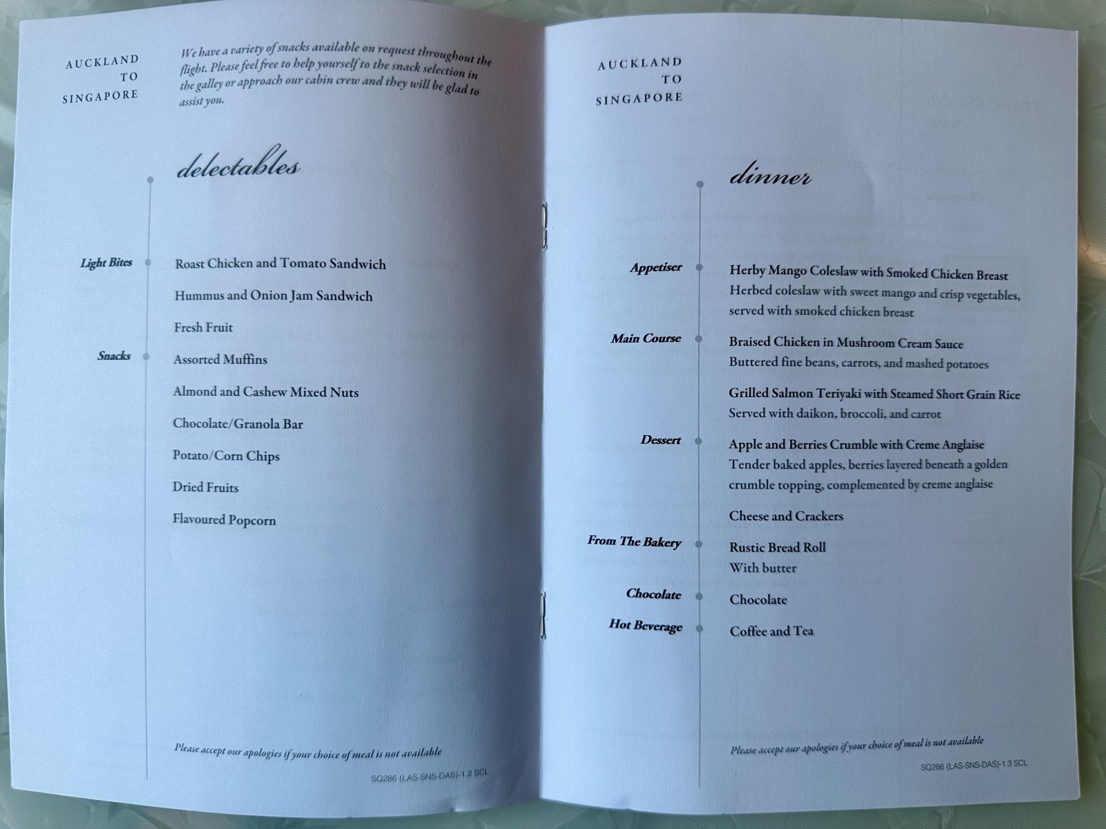 Singapore Airlines Premium Economy printed menu