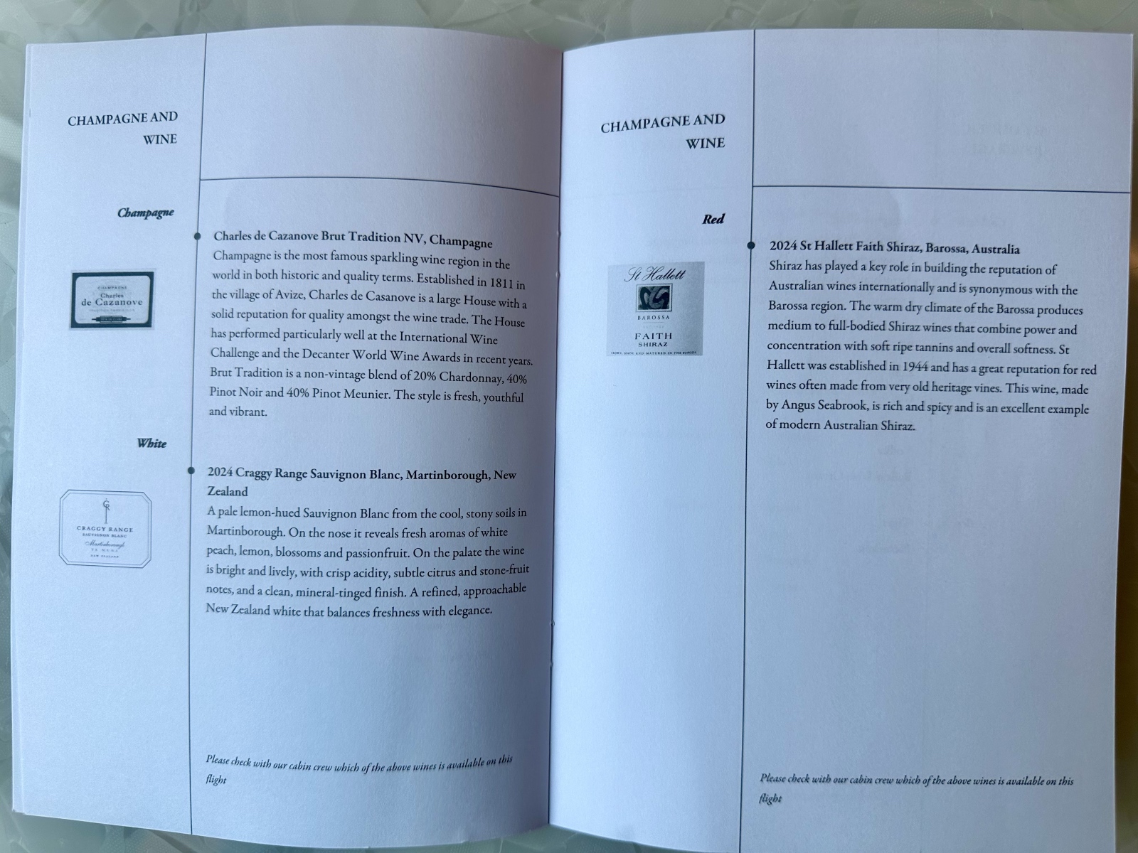 Singapore Airlines Premium Economy printed menu