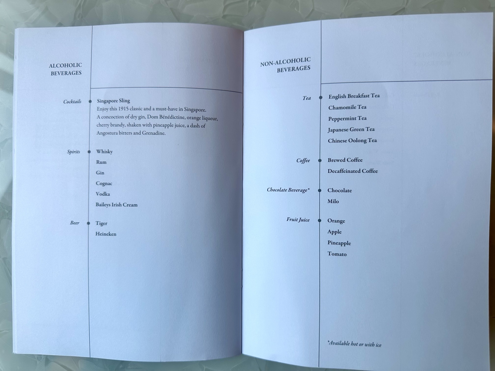 Singapore Airlines Premium Economy printed menu