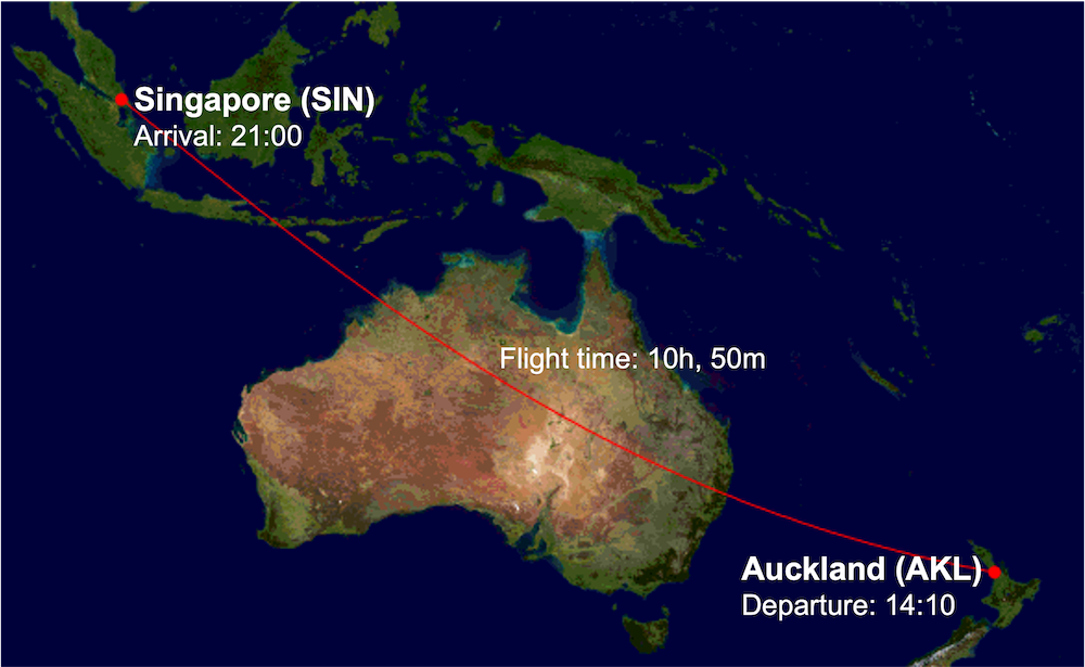 SQ286 route map from Auckland (AKL) to Singapore (SIN)