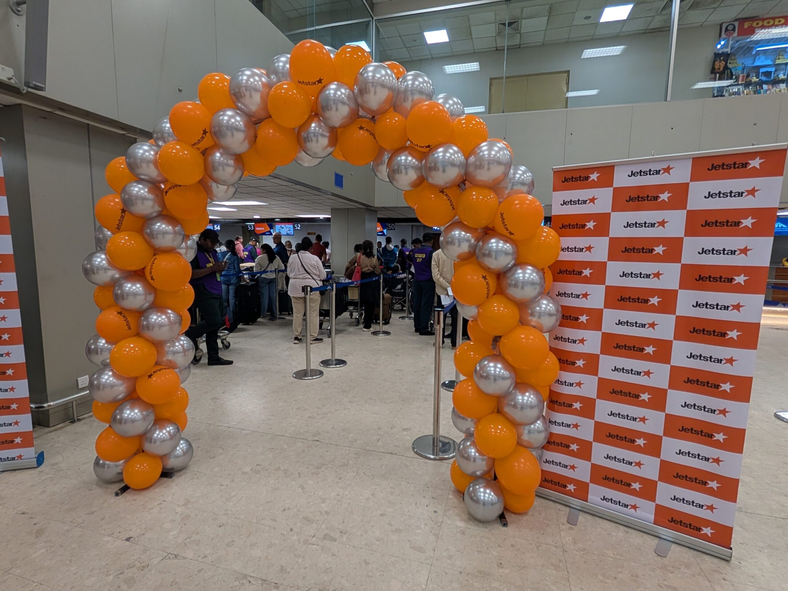 Jetstar inaugural flight decorations at the check-in counters at Colombo Airport