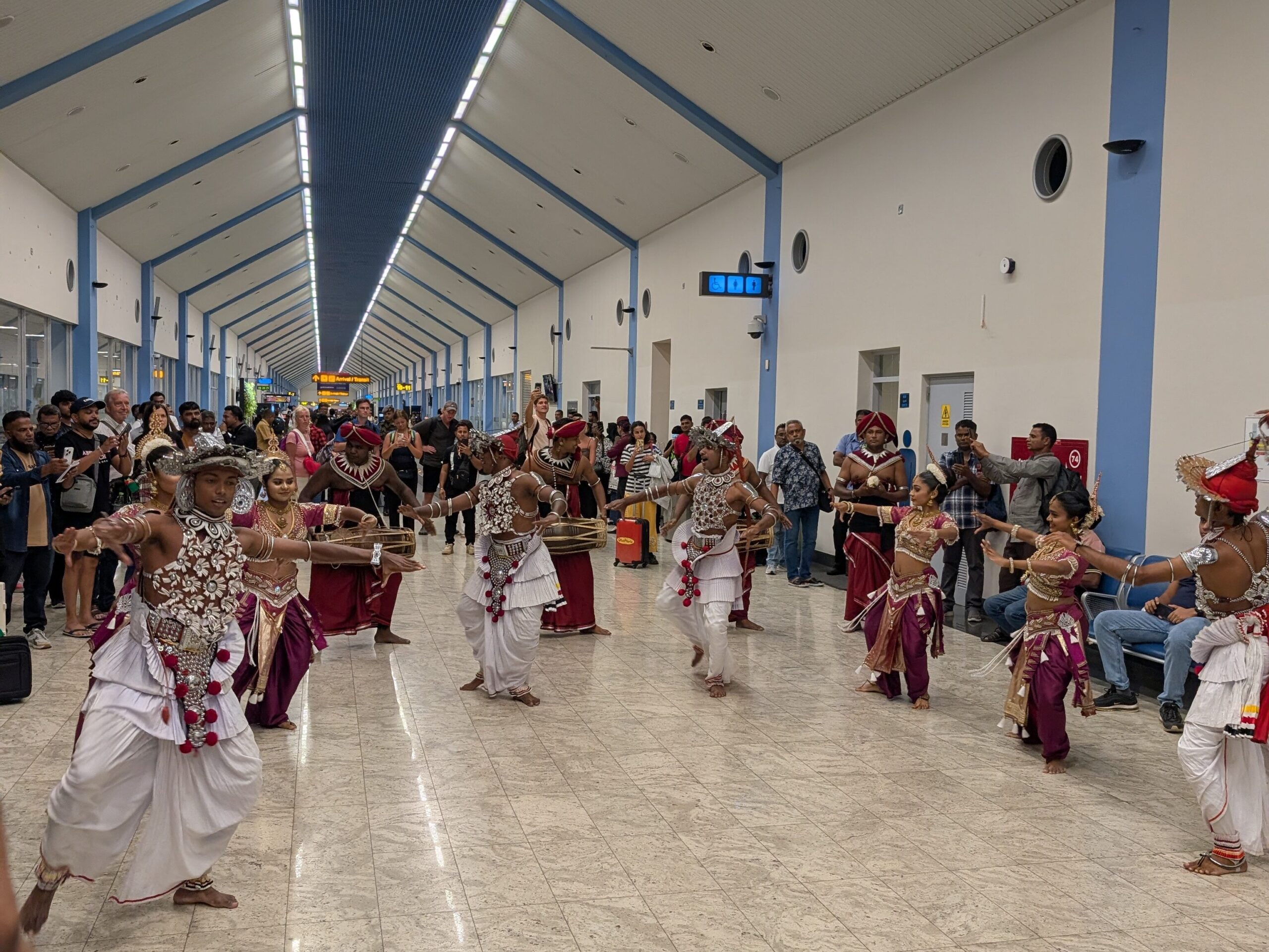 Traditional Kandyan dancers performing at the gate for Jetstar's inaugural Colombo service