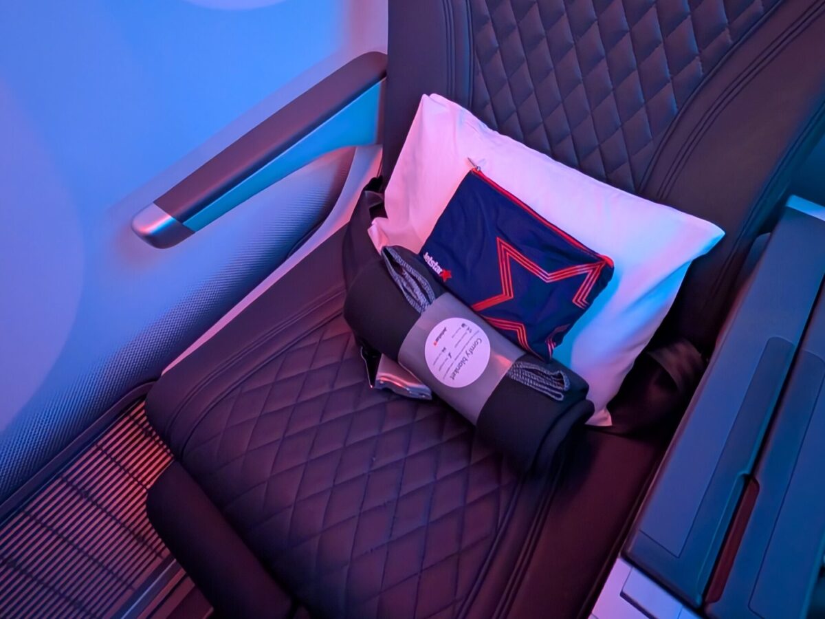 Jetstar Business Class amenity kit, pillow and blanket
