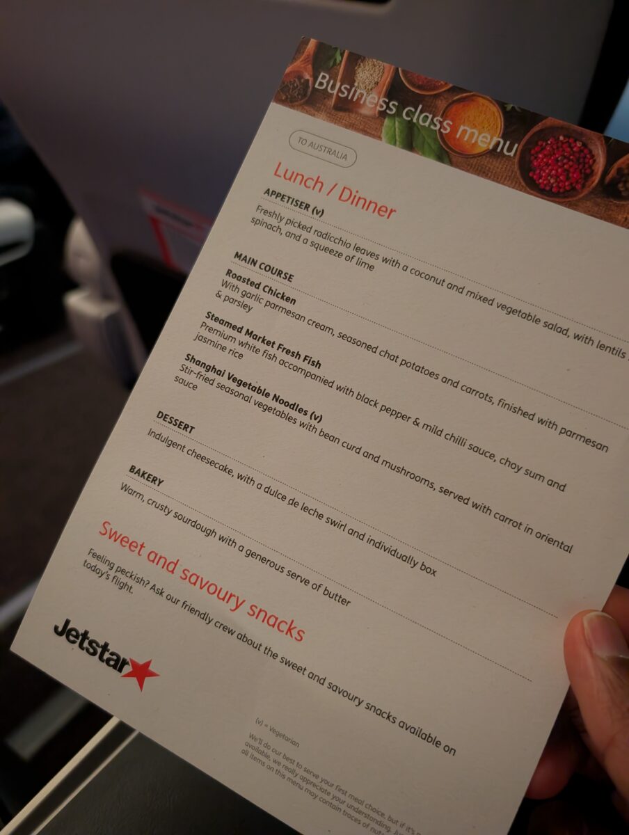 Jetstar Business Class paper menu showing three meal choices